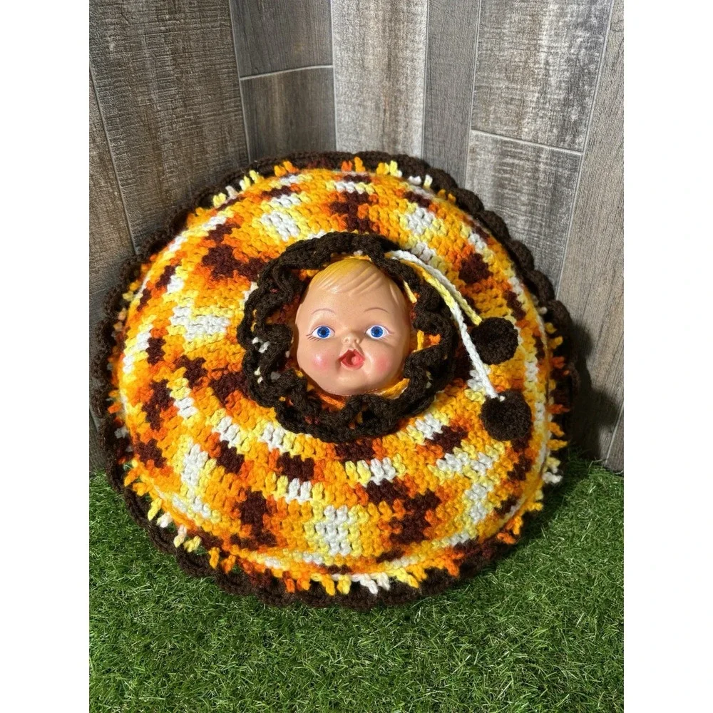 Vintage Crochet Doll Face Pillow‎ 70s Handmade Retro Kitsch Orange Brown 14
